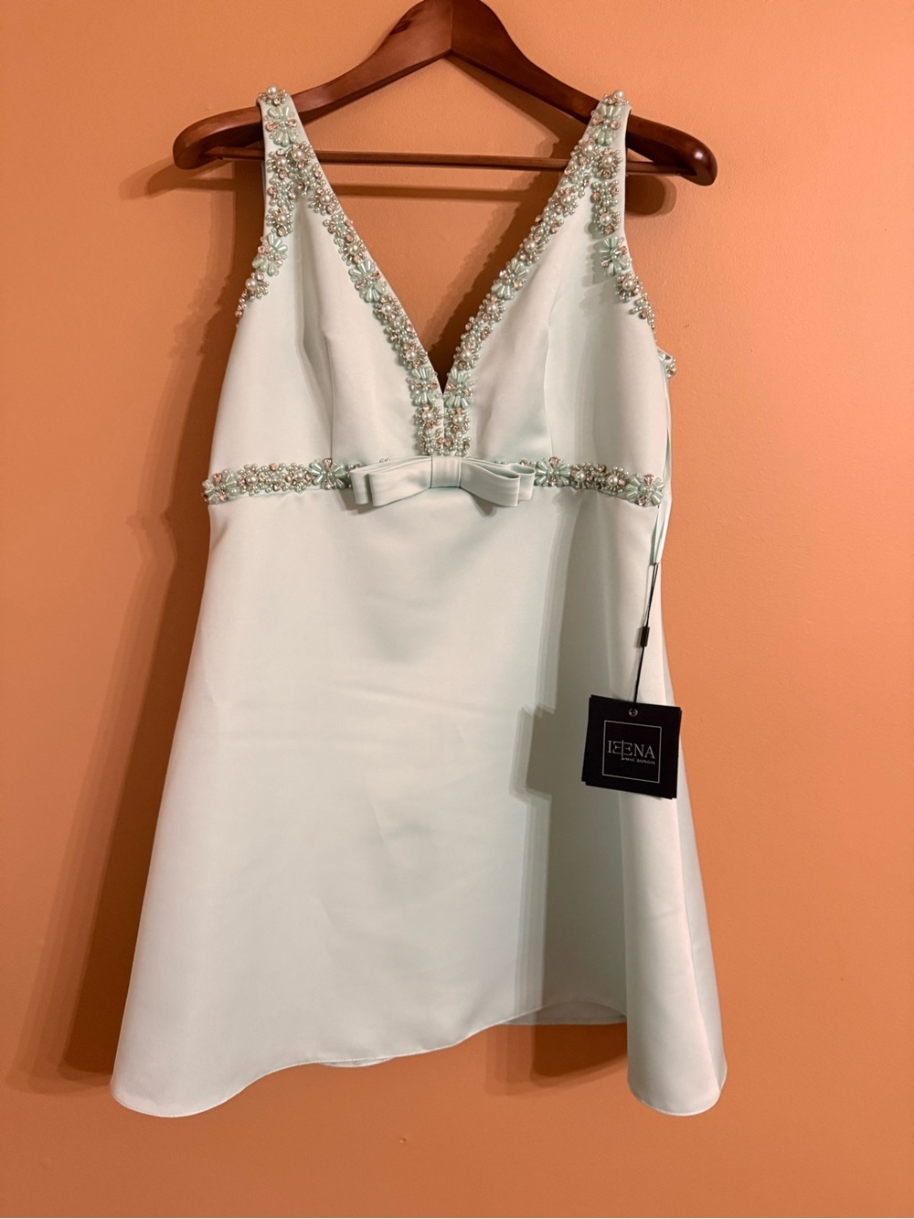Mac Duggal Mint Embellished V-Neck Mini Dress